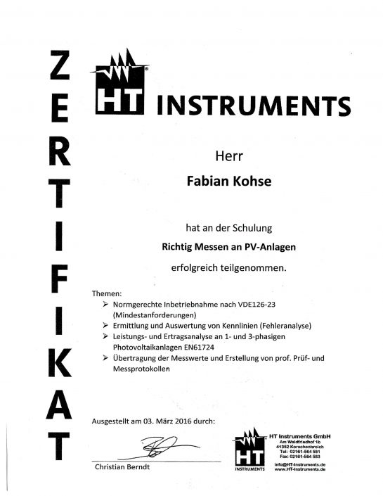 HT Instruments Zertifikat