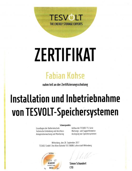 Tesvolt Zertifikat